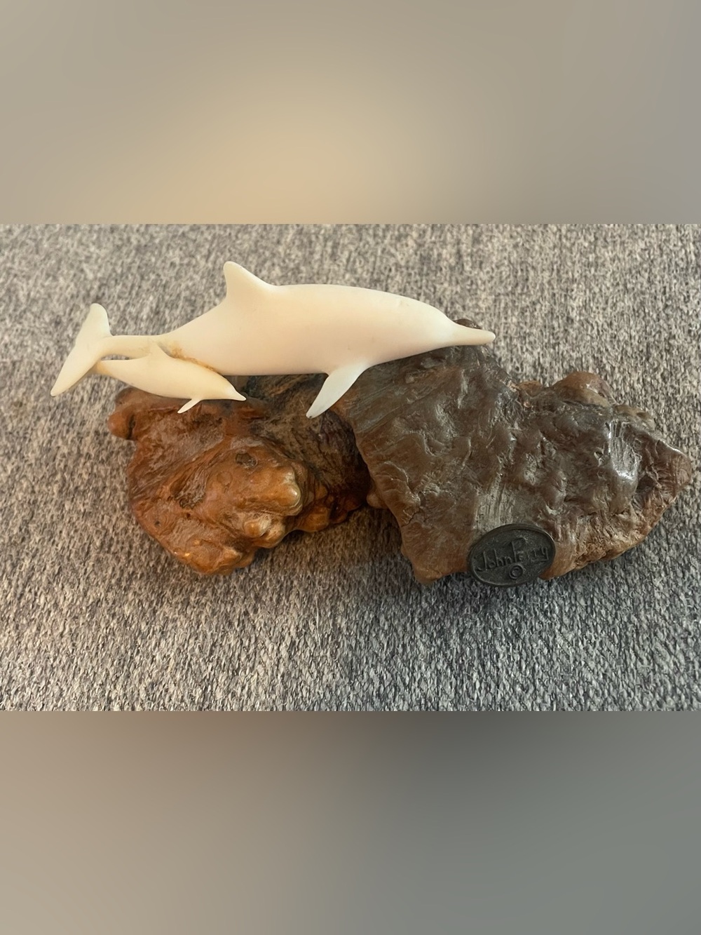 John Perry Vintage White Dolphin mother and baby sculpture on driftwood base